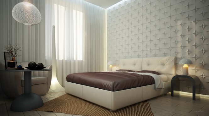 120729Whitebedroomtexturedfeaturewall665x369 Vẻ đẹp mới lạ của những bức tường không bằng phẳng mang đến cho bạn